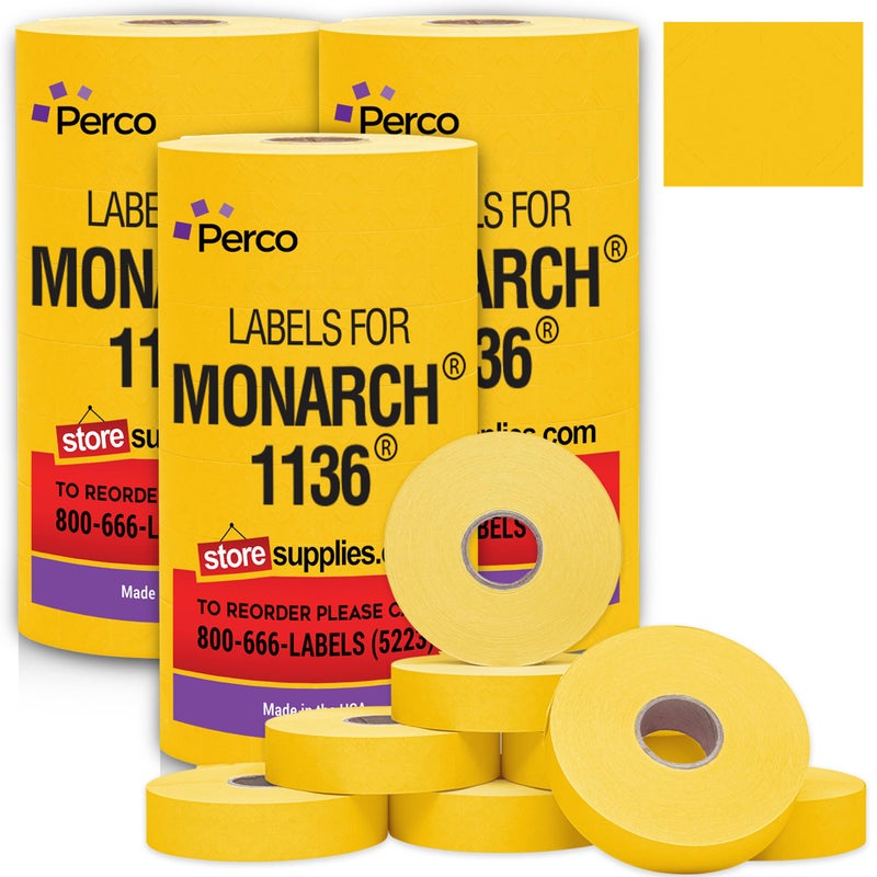 Perco Yellow Pricing Labels for Monarch 1136 Price Gun â€“ 3 Sleeves, 24 Rolls Value Pack - 42,000 Price Marking Labels â€“ with Ink Rolls Included - Image 1